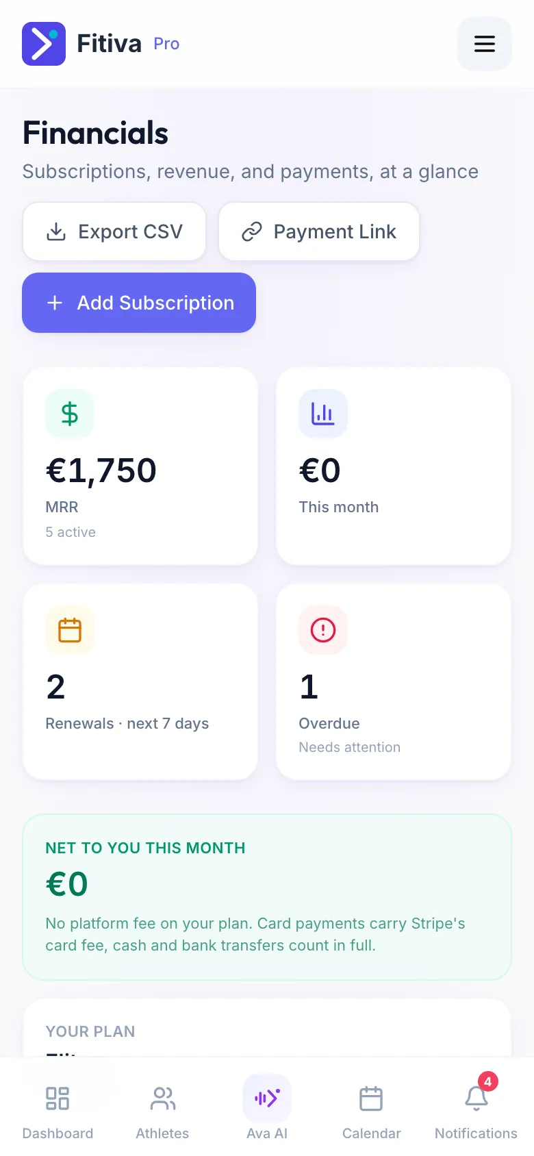 The Financials page: the buttons Export CSV, Payment Link and Add Subscription at the top, with figures from sample data below.