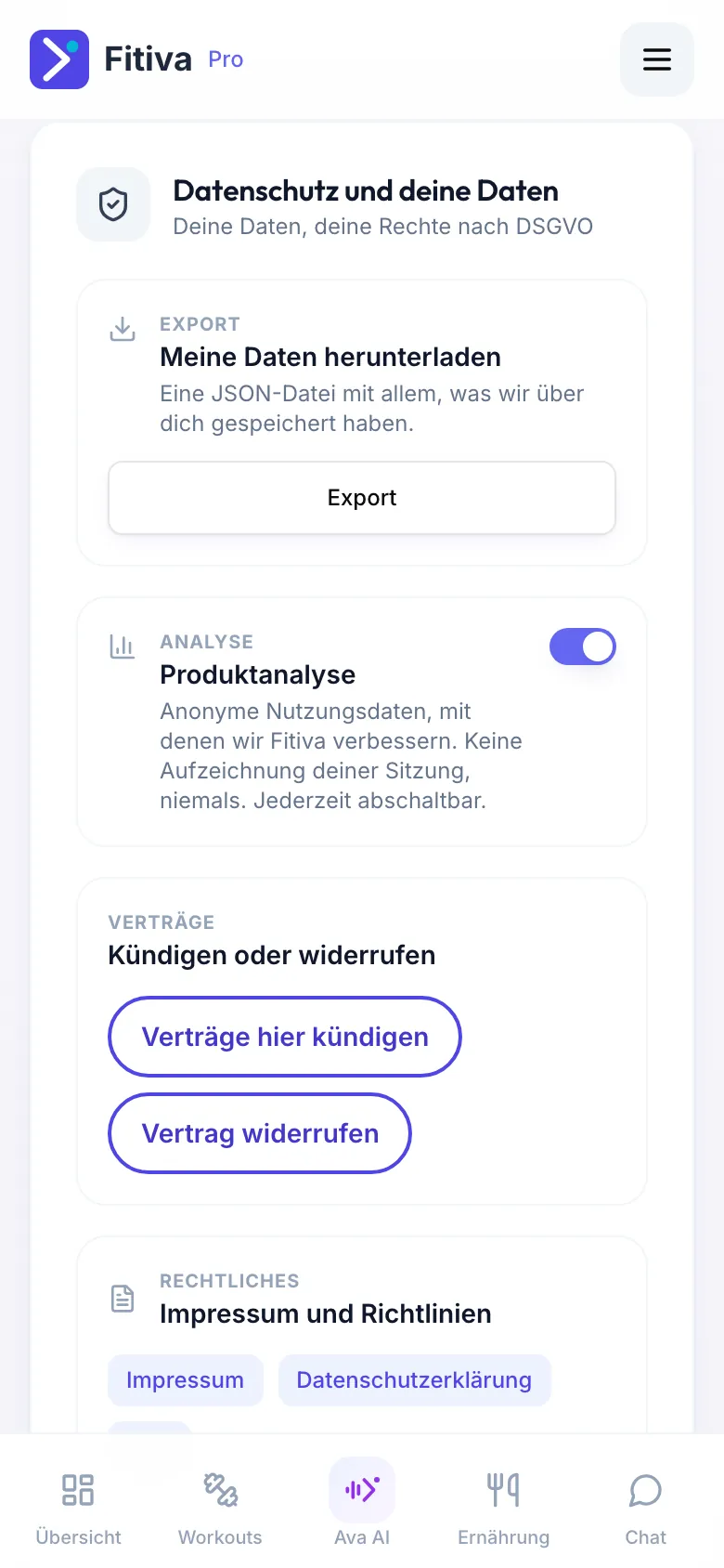 Karte Datenschutz und deine Daten mit Meine Daten herunterladen und dem Button Export