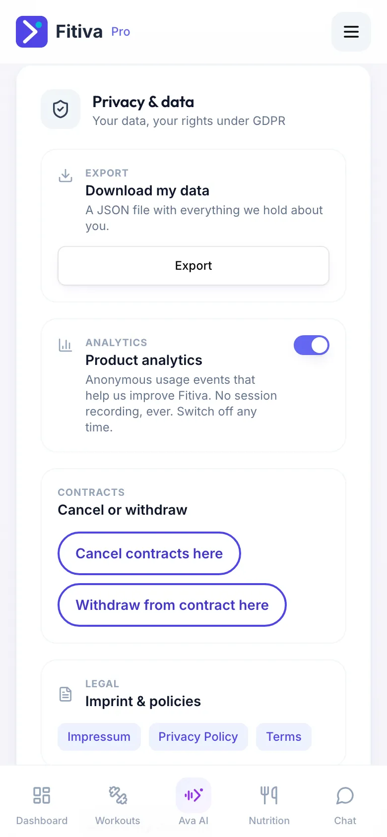 The Privacy & data card with Download my data and the Export button