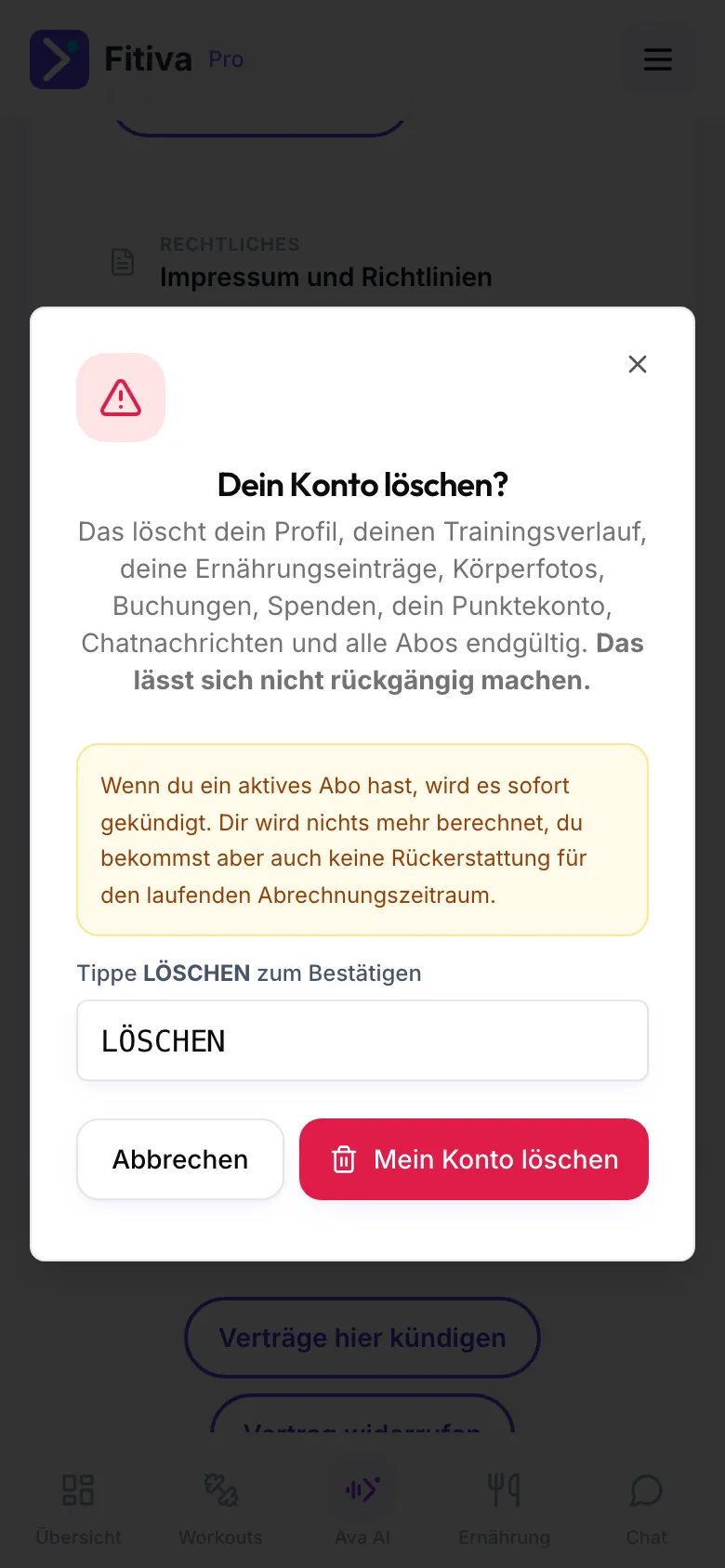 Dialog Dein Konto löschen? mit Warnhinweis, dem Feld mit LÖSCHEN und dem roten Button Mein Konto löschen