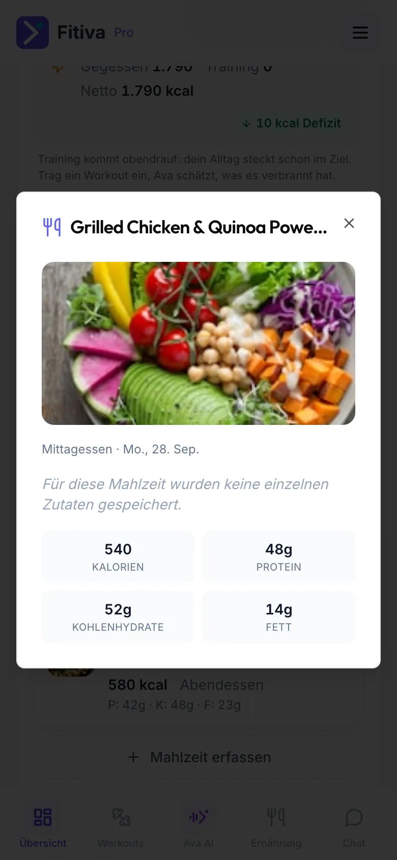 Die Details einer erfassten Mahlzeit mit Foto, Mahlzeit und Datum, Kalorien, Eiweiß, Kohlenhydraten und Fett