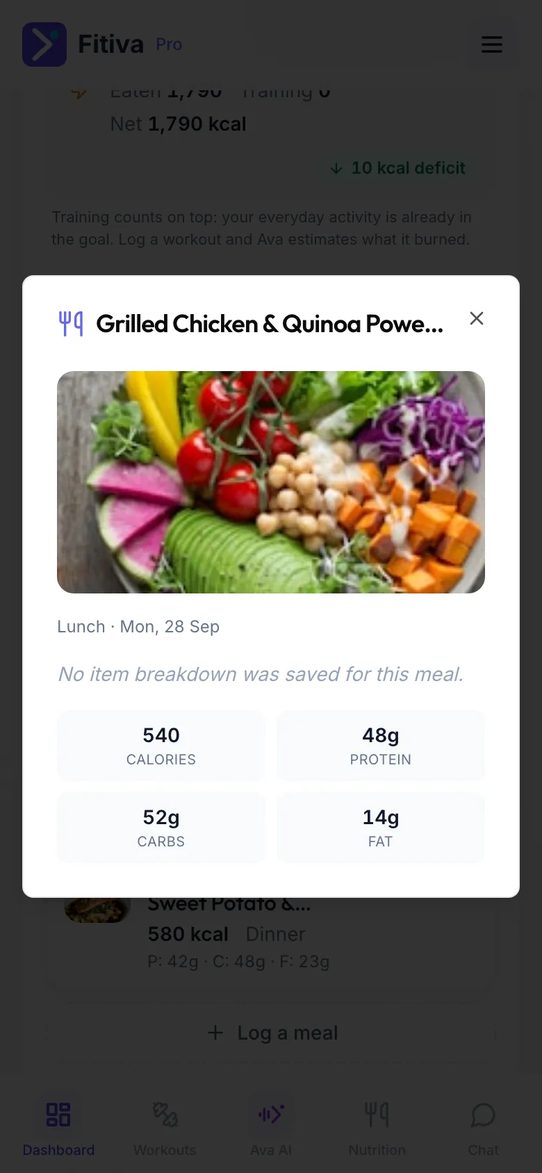 The details of a logged meal with its photo, the meal and date, calories, protein, carbs and fat