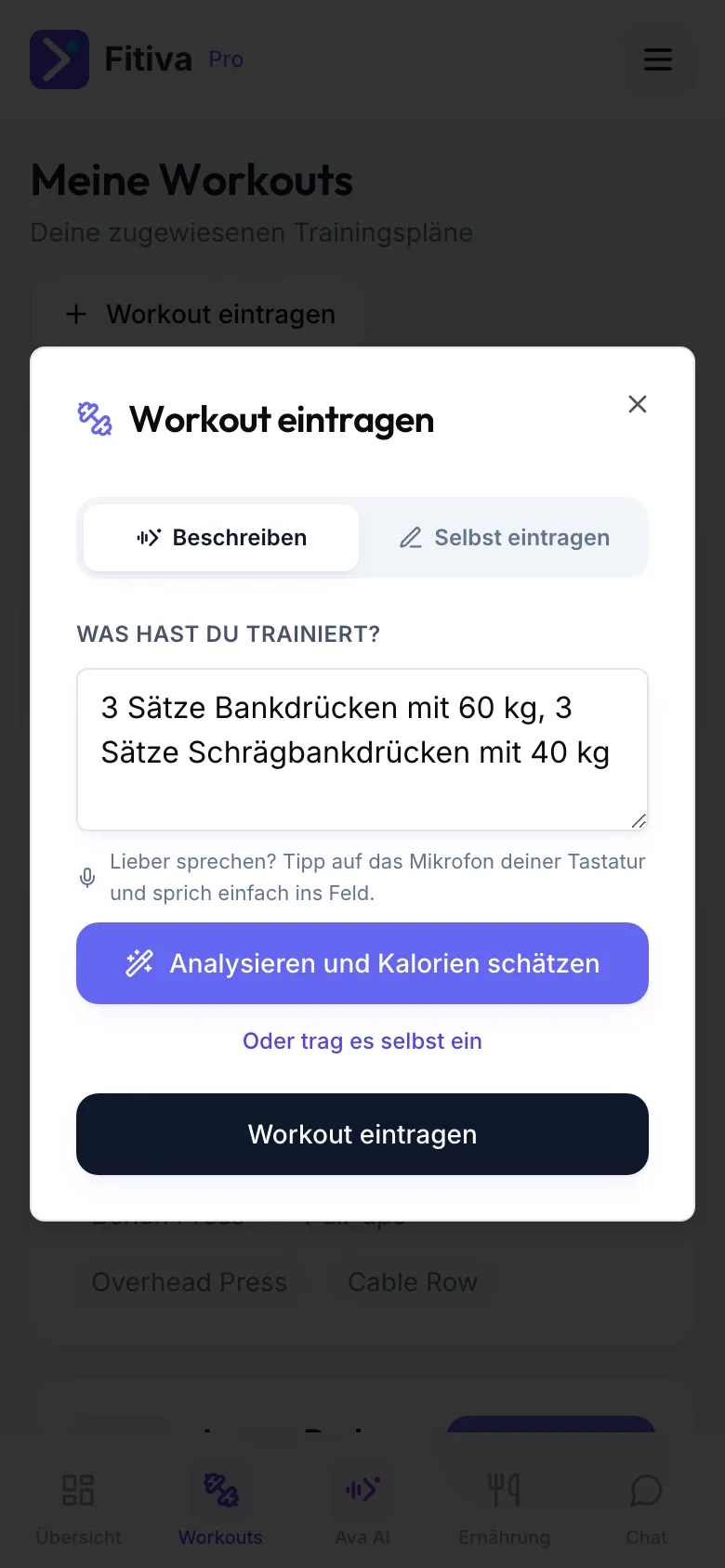 Der Tab Beschreiben mit zwei Übungen unter Was hast du trainiert? und dem Button Analysieren und Kalorien schätzen