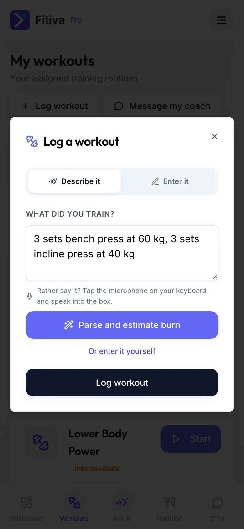 The Describe it tab with two exercises written under What did you train? and the Parse and estimate burn button