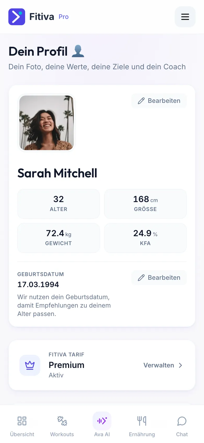 Seite Dein Profil mit Foto, Name, Alter, Größe, Gewicht und Körperfett, dem Button Bearbeiten und dem Geburtsdatum