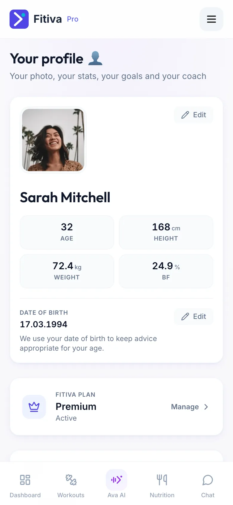 The Your profile page with photo, name, age, height, weight and body fat, the Edit button and the date of birth
