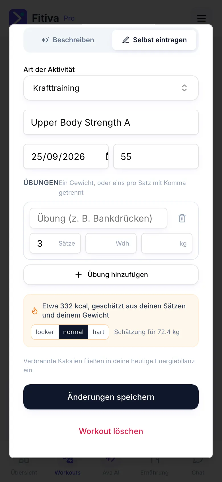 Ein erfasstes Workout, erneut geöffnet mit Aktivität, Name, Datum, Dauer und Übungen, dem Button Änderungen speichern und Workout löschen