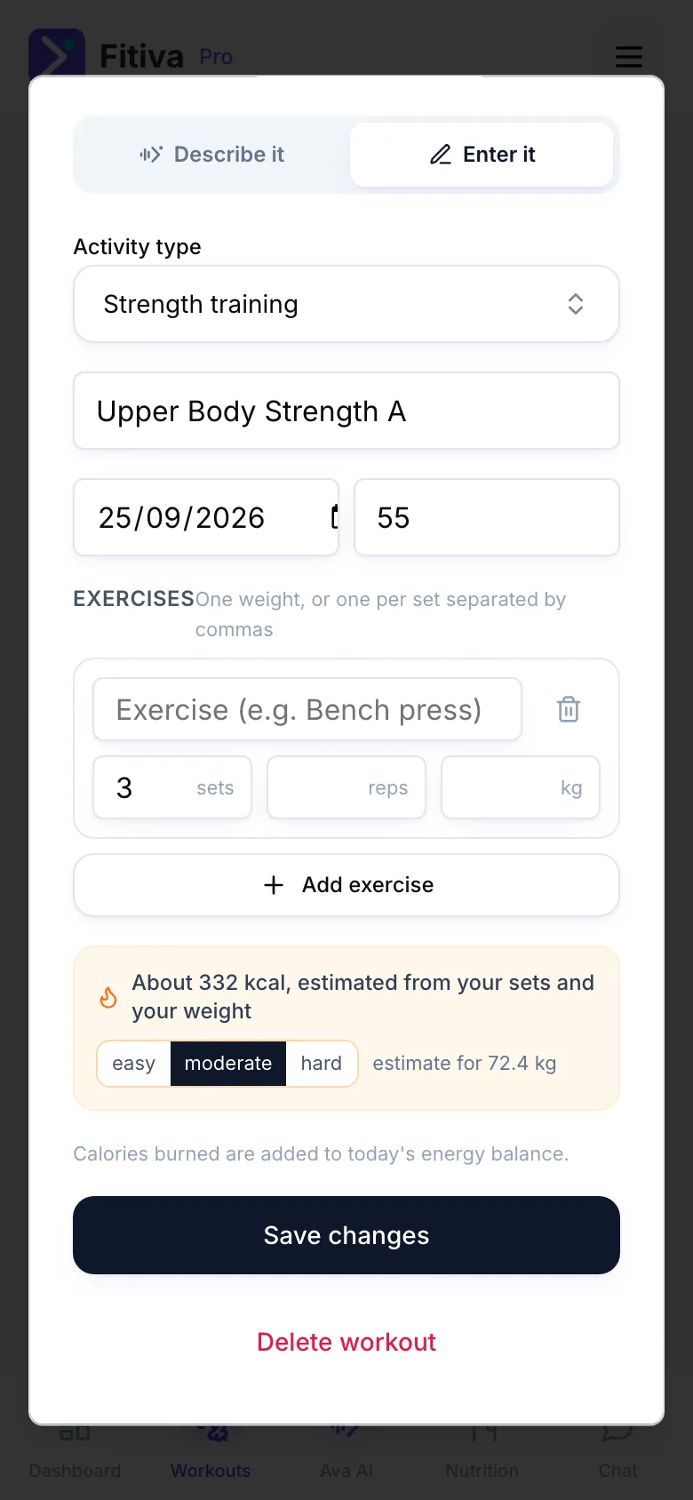 A logged workout opened again with its activity, name, date, duration and exercises, the Save changes button and Delete workout