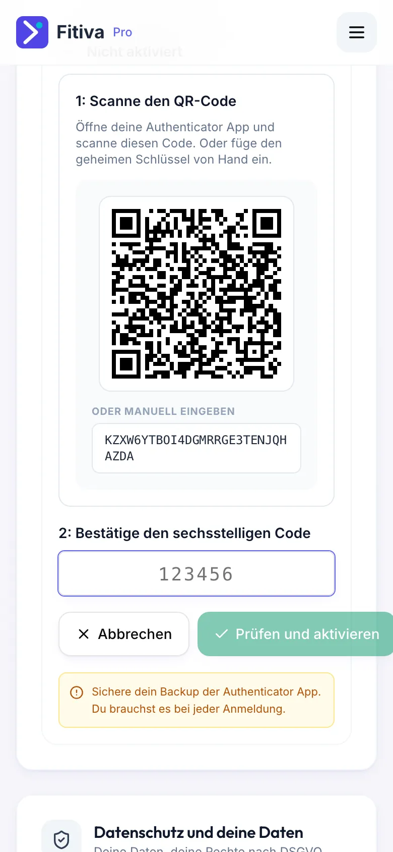 Einrichtung der zweistufigen Anmeldung mit QR-Code, dem Schlüssel unter Oder manuell eingeben und dem Feld für den sechsstelligen Code