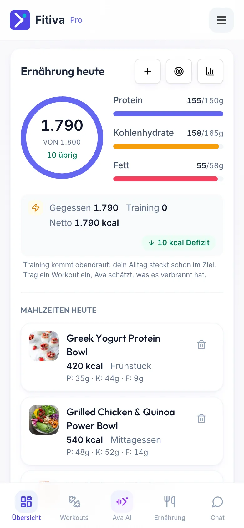 Ernährung heute mit dem Kalorienring, der zeigt, was du von deinem Ziel gegessen hast und wie viel übrig ist, den Makrobalken und der Zeile mit Gegessen, Training und Netto