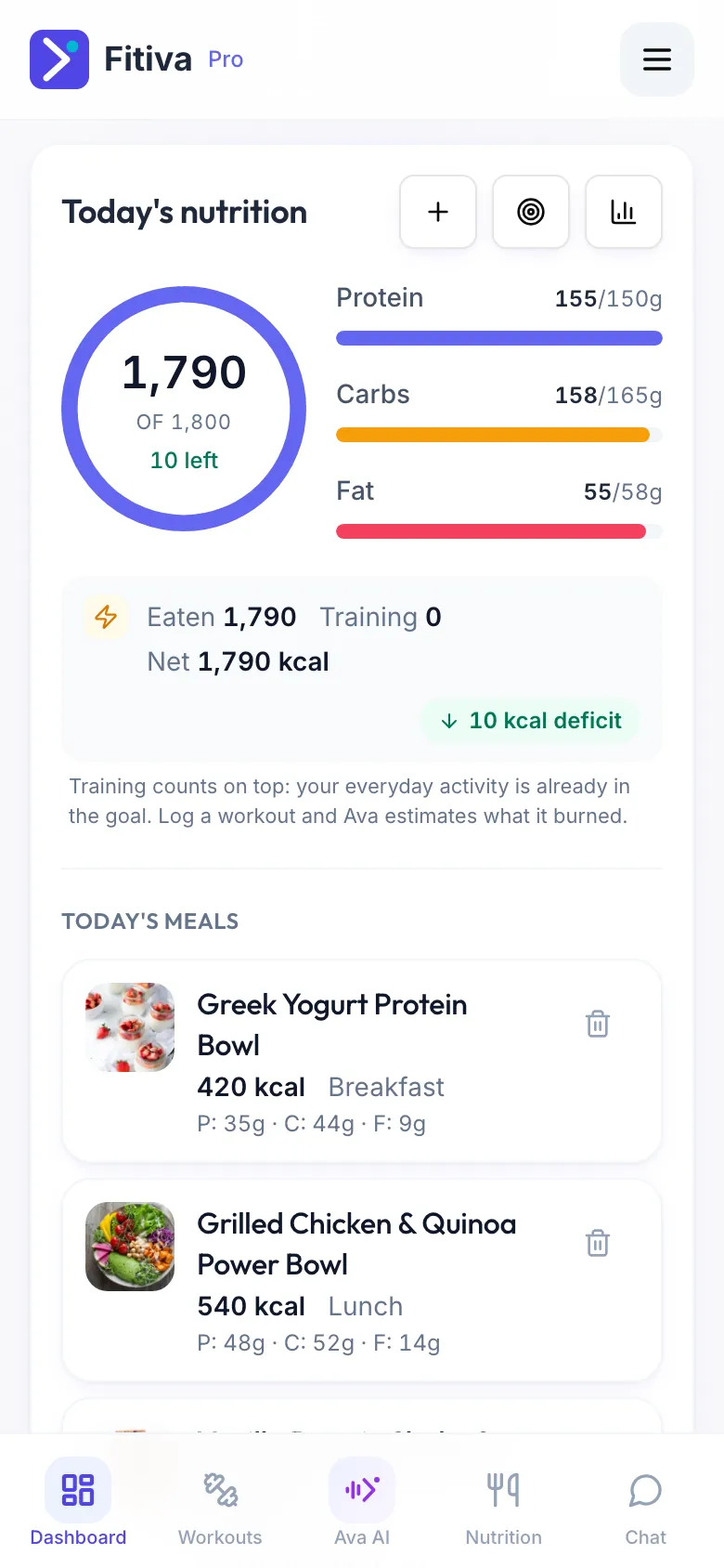 Today's nutrition with the calorie ring showing what you ate of your target and how much is left, the macro bars and the panel with Eaten, Training and Net
