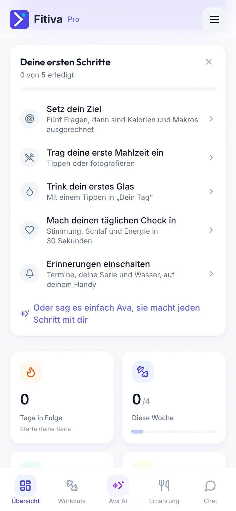 Übersicht eines neuen Athleten mit der Karte Deine ersten Schritte, 0 von 5 erledigt