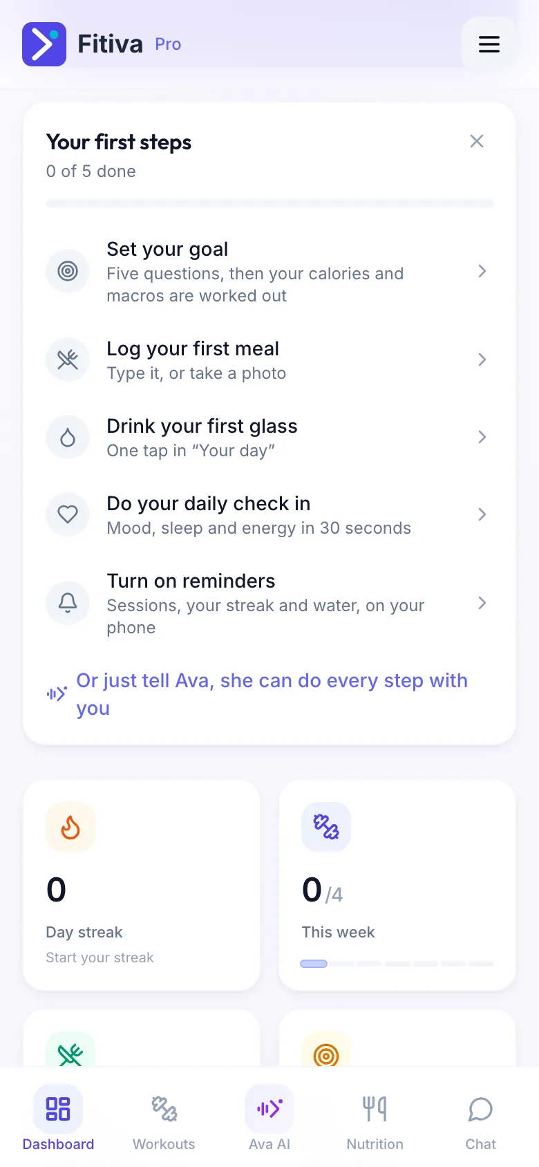 A new athlete's dashboard with the Your first steps card, 0 of 5 done