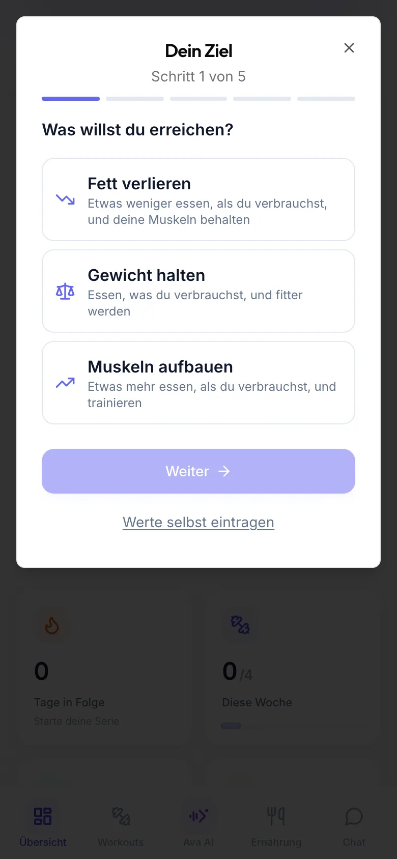 Fenster Dein Ziel, Schritt 1 von 5, mit der Frage Was willst du erreichen? und den Antworten Fett verlieren, Gewicht halten und Muskeln aufbauen