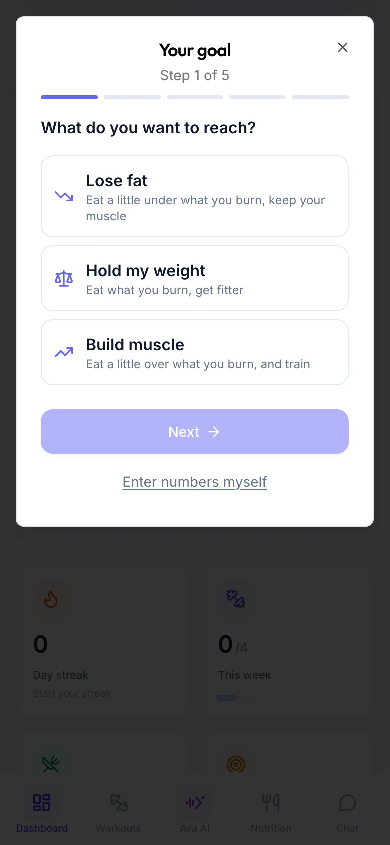 The Your goal window, step 1 of 5, asking What do you want to reach? with Lose fat, Hold my weight and Build muscle