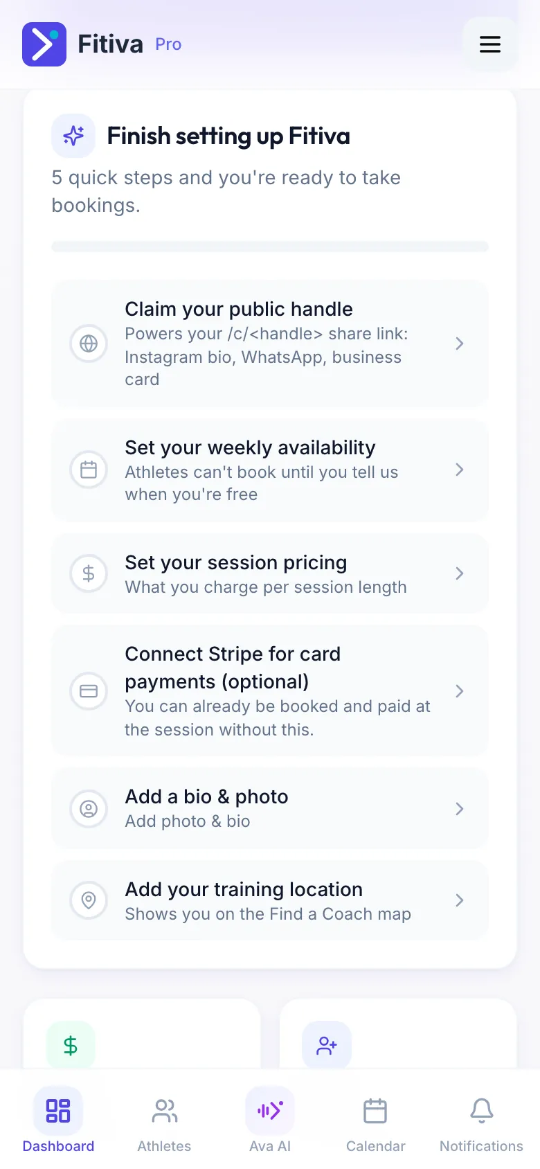 A new coach's dashboard with the Finish setting up Fitiva card and its six steps