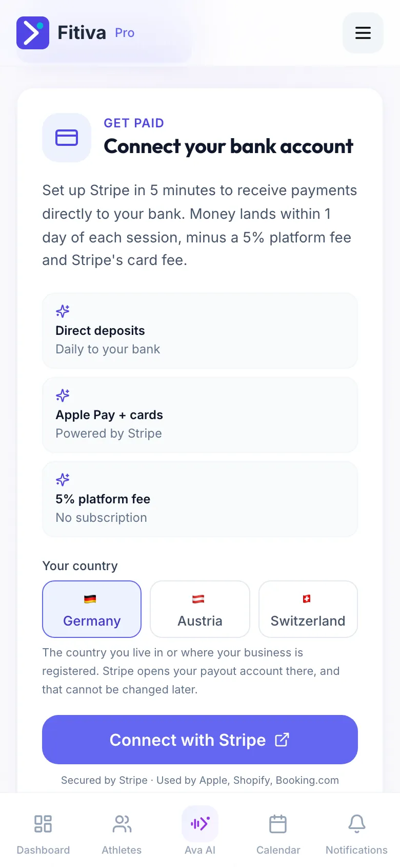 Financials with the Connect your bank account card, the Your country choice of Germany, Austria and Switzerland, and the Connect with Stripe button