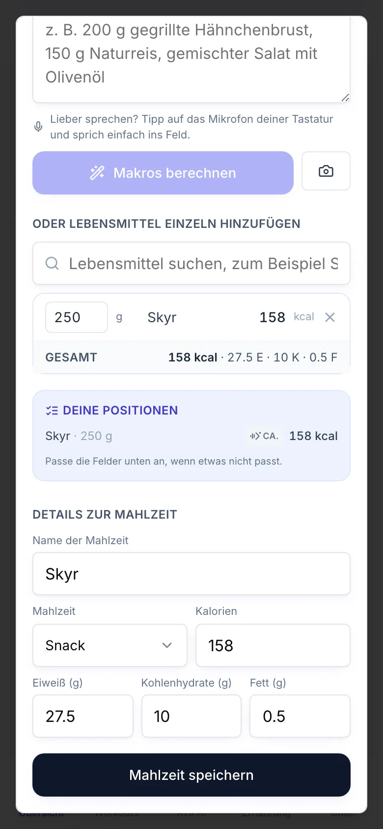 Mahlzeit erfassen mit Skyr aus der Lebensmittelliste: die Menge in Gramm, Gesamt, die Positionen und die ausgefüllten Details zur Mahlzeit