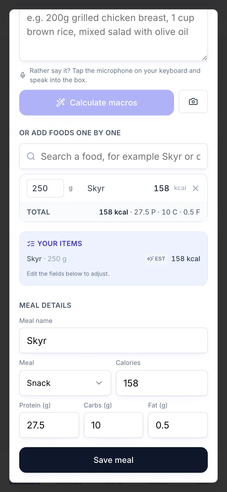 Log a meal with Skyr added from the food list: the amount in grams, the Total, the item list and the filled Meal details