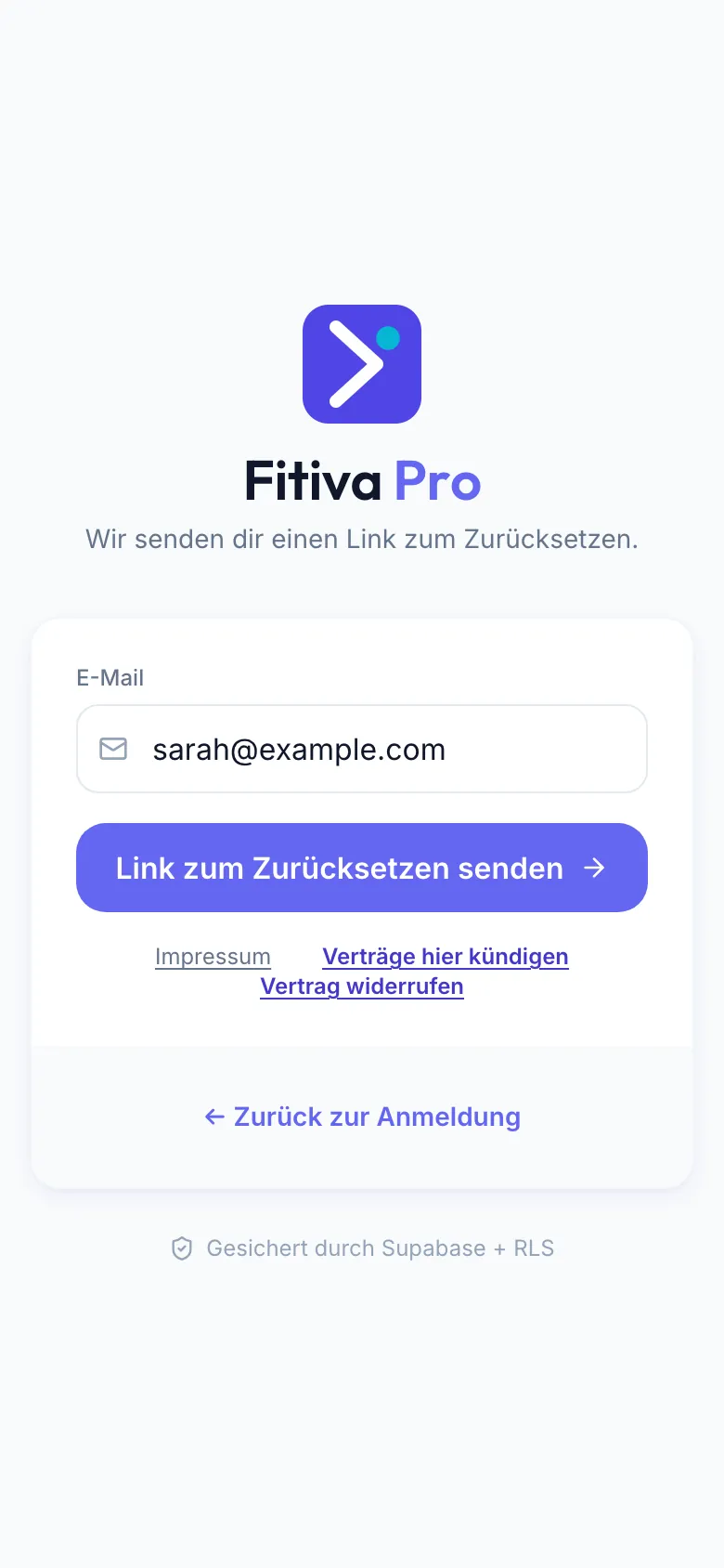 Anmeldeseite nach Vergessen? mit dem Feld E-Mail und dem Button Link zum Zurücksetzen senden