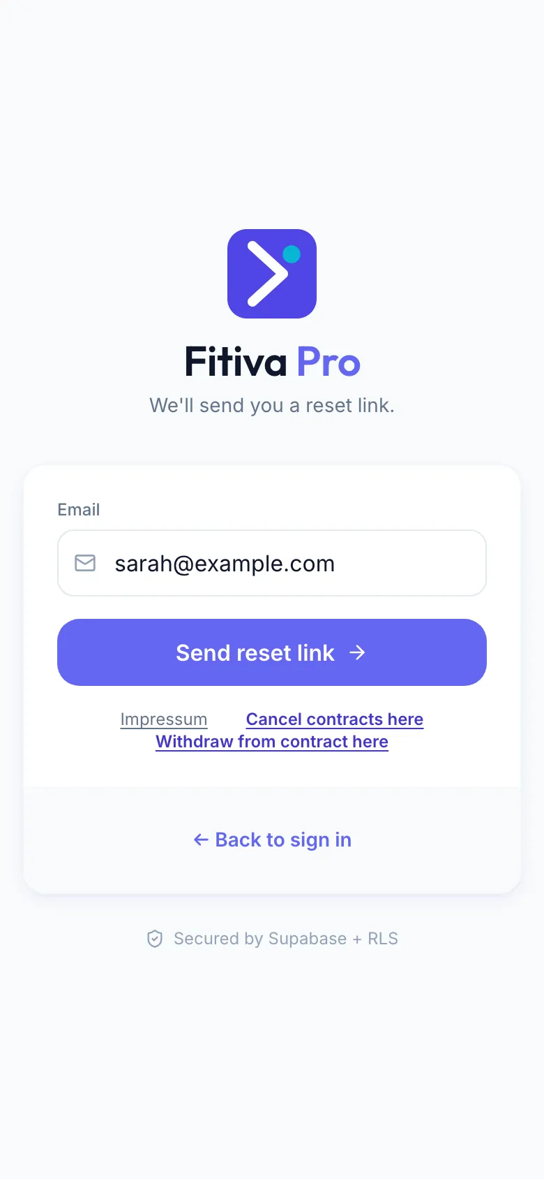 The sign-in page after Forgot? with the Email field and the Send reset link button