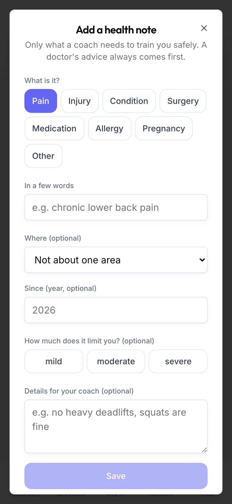 The Add a health note form with What is it?, In a few words, Where (optional), Since (year, optional), How much does it limit you? and Details for your coach