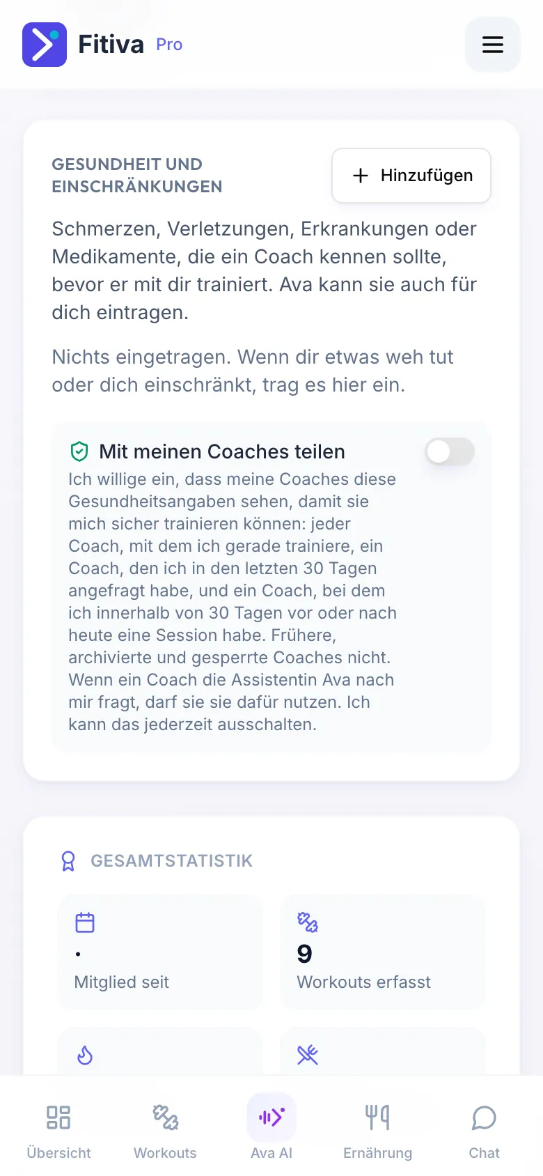Gesundheit und Einschränkungen in deinem Profil mit dem Button Hinzufügen und dem Schalter Mit meinen Coaches teilen samt Einwilligungstext