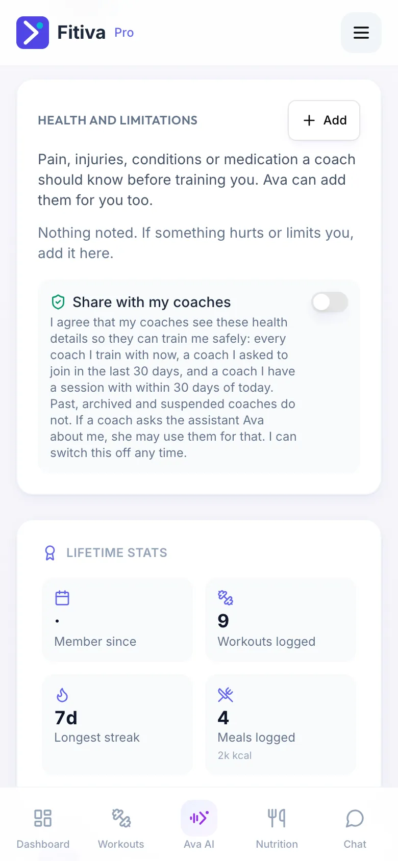 Health and limitations on your profile with the Add button and the Share with my coaches switch with its consent text