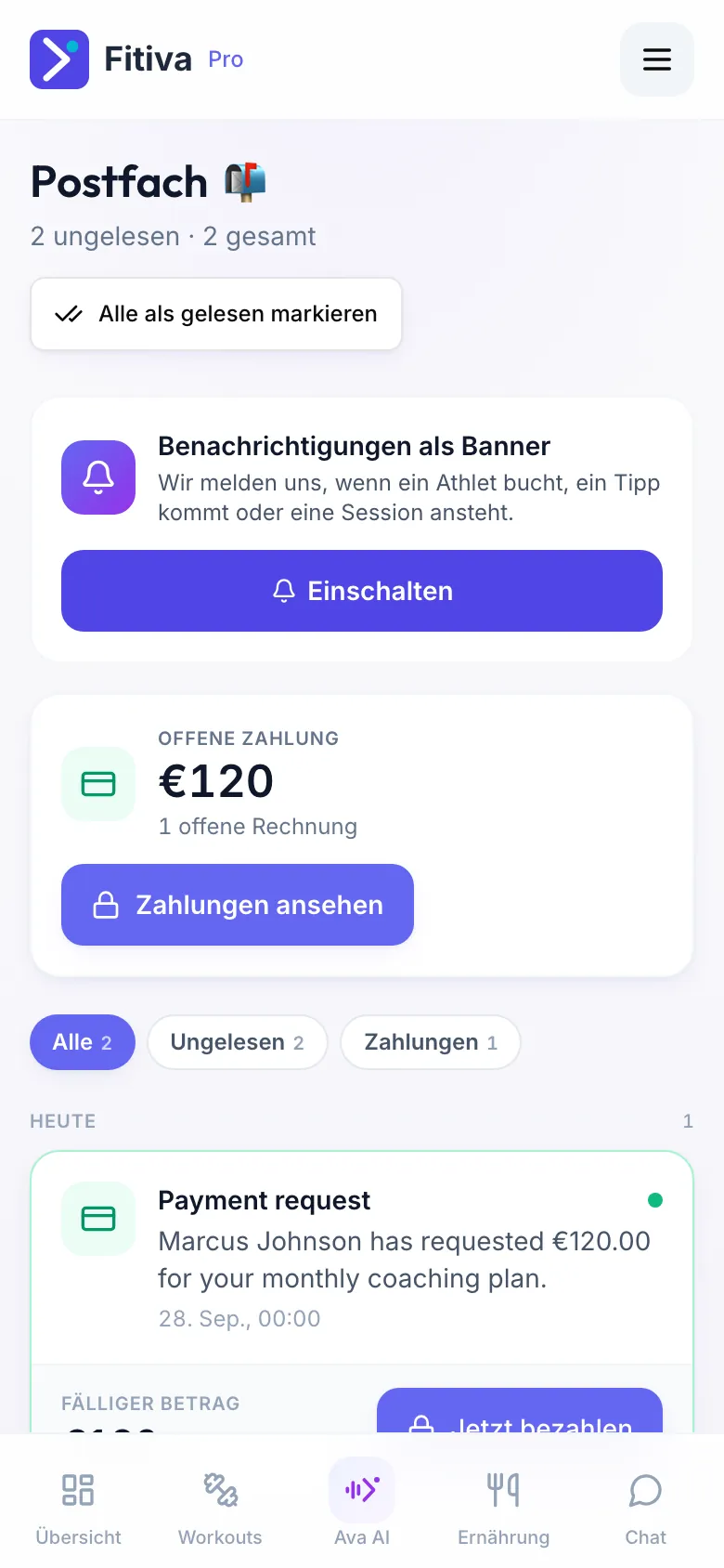 Postfach eines Athleten: Alle als gelesen markieren, eine Karte zum Einschalten von Pushbenachrichtigungen, Offene Zahlung über €120, die Filter Alle, Ungelesen und Zahlungen und eine Zahlungsanfrage des Coachs.