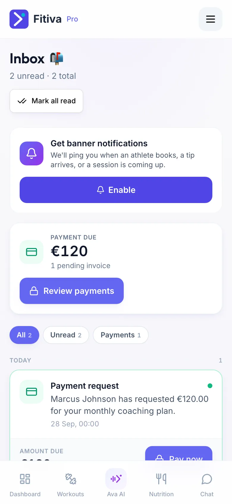 An athlete's Inbox: Mark all read, a card to switch on push notifications, Payment due of €120, the filters All, Unread and Payments, and a payment request from the coach.
