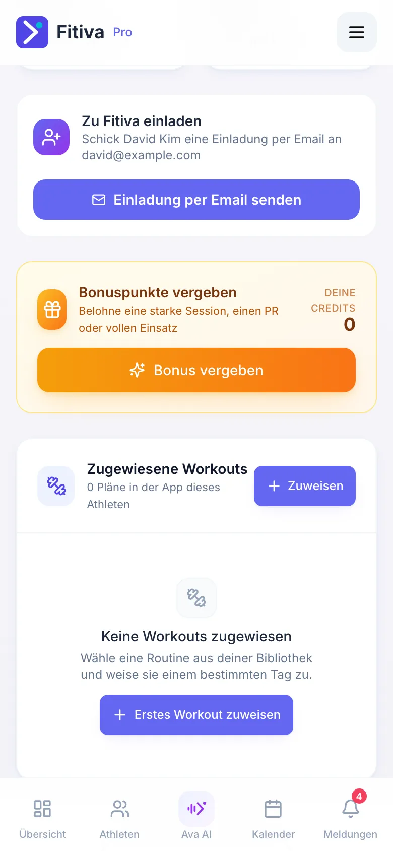 Tab Übersicht eines Athleten, der noch nicht beigetreten ist: Karte Zu Fitiva einladen mit dem Button Einladung per Email senden.