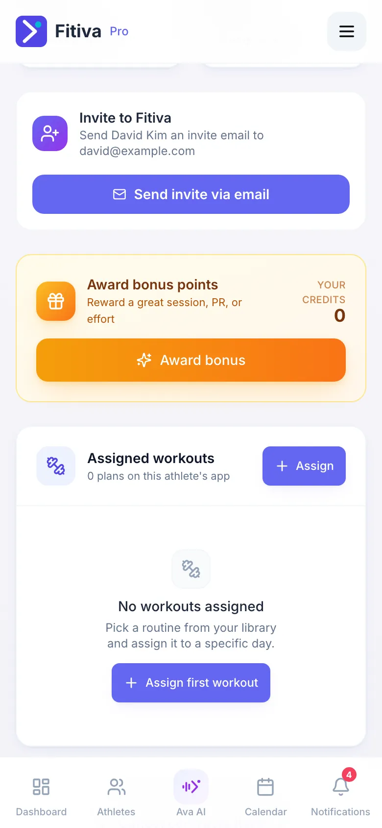 The Overview tab of an athlete who has not joined yet: the Invite to Fitiva card with the Send invite via email button.