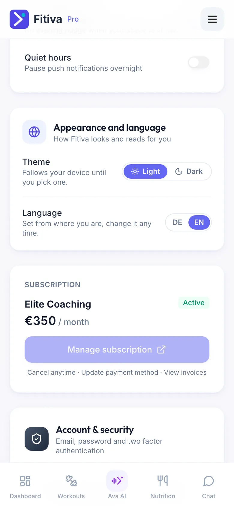 The Appearance and language card with Theme Light or Dark and Language DE or EN