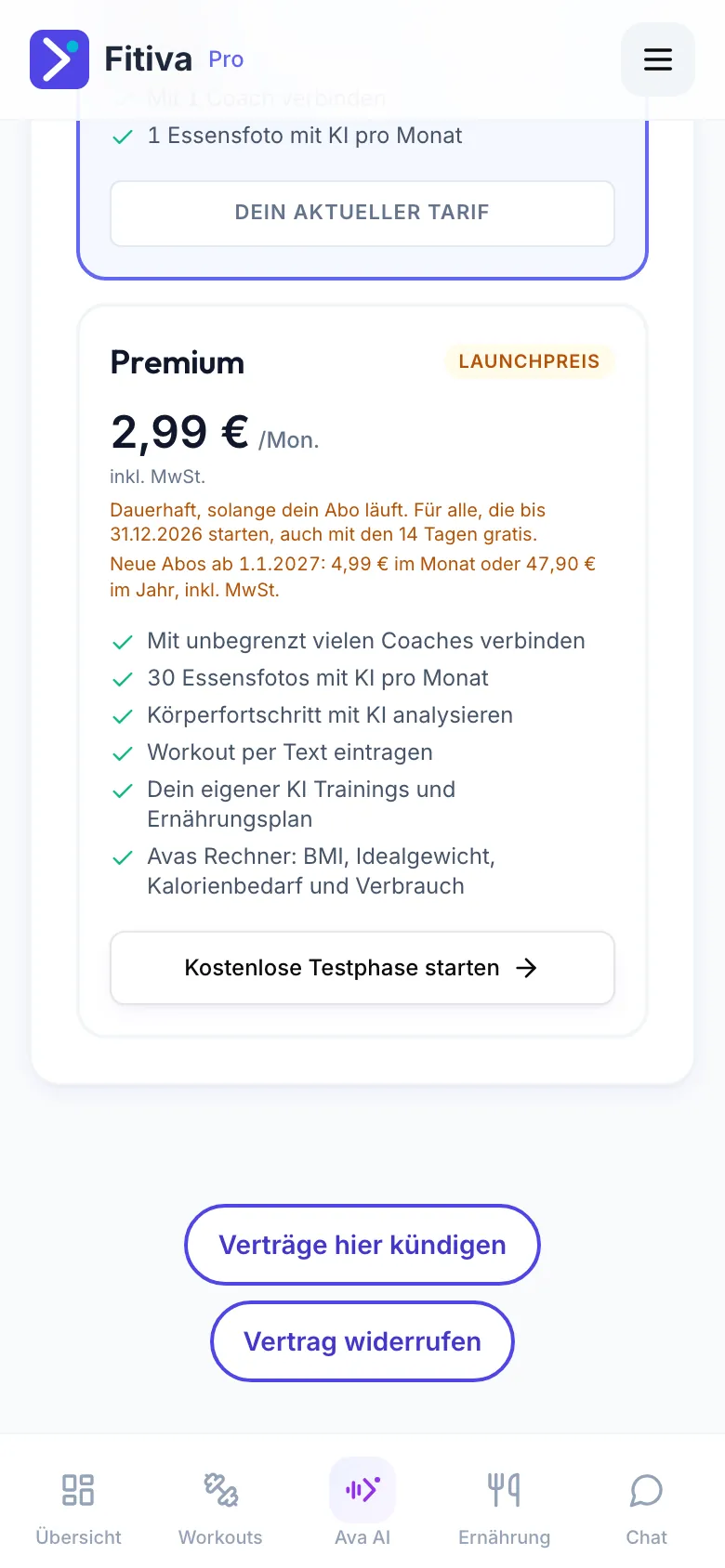 Karte Premium mit dem Hinweis Launchpreis, 2,99 € im Monat inkl. MwSt. und dem Text zu neuen Abos ab 1.1.2027