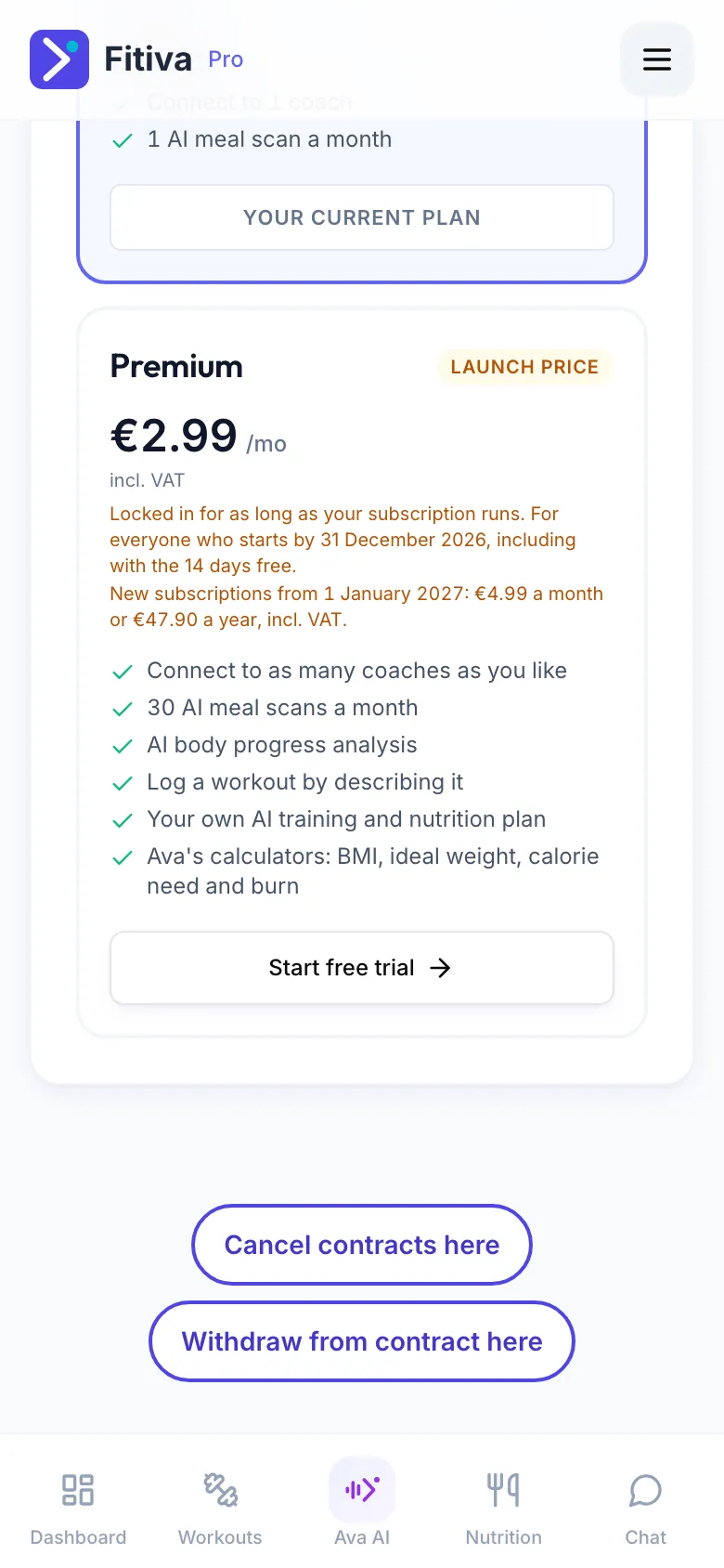 The Premium card with the Launch price badge, €2.99 a month incl. VAT and the note on new subscriptions from 1 January 2027