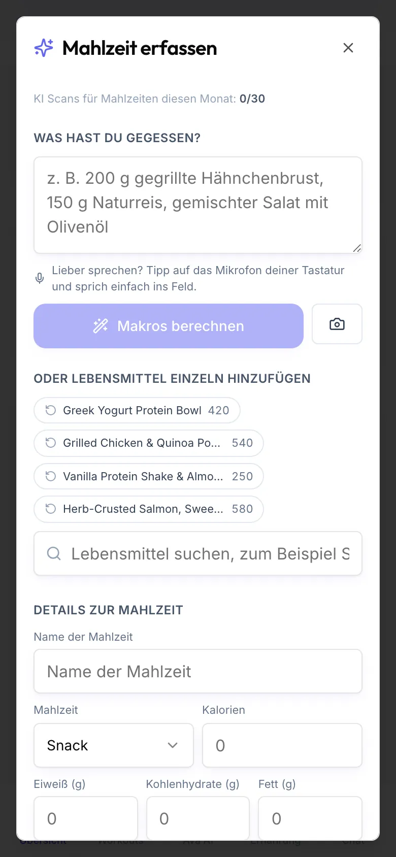 Der Dialog Mahlzeit erfassen mit Was hast du gegessen?, dem Button Makros berechnen, dem Kamerasymbol für ein Foto, der Lebensmittelsuche und Details zur Mahlzeit