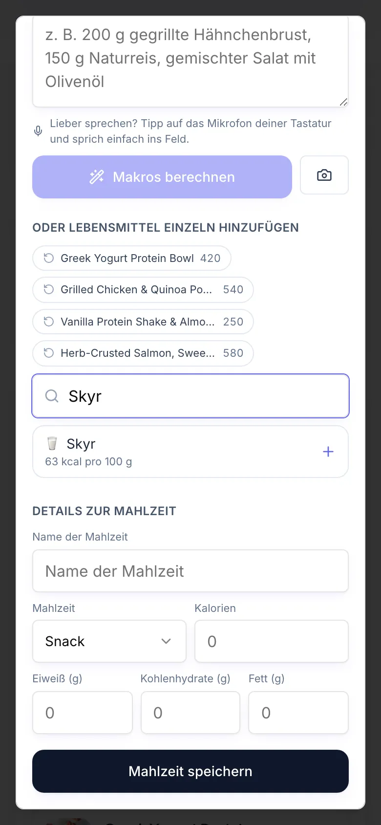 Die Lebensmittelsuche unter Oder Lebensmittel einzeln hinzufügen mit Skyr als Suchbegriff und einem Treffer mit seinen kcal pro 100 g