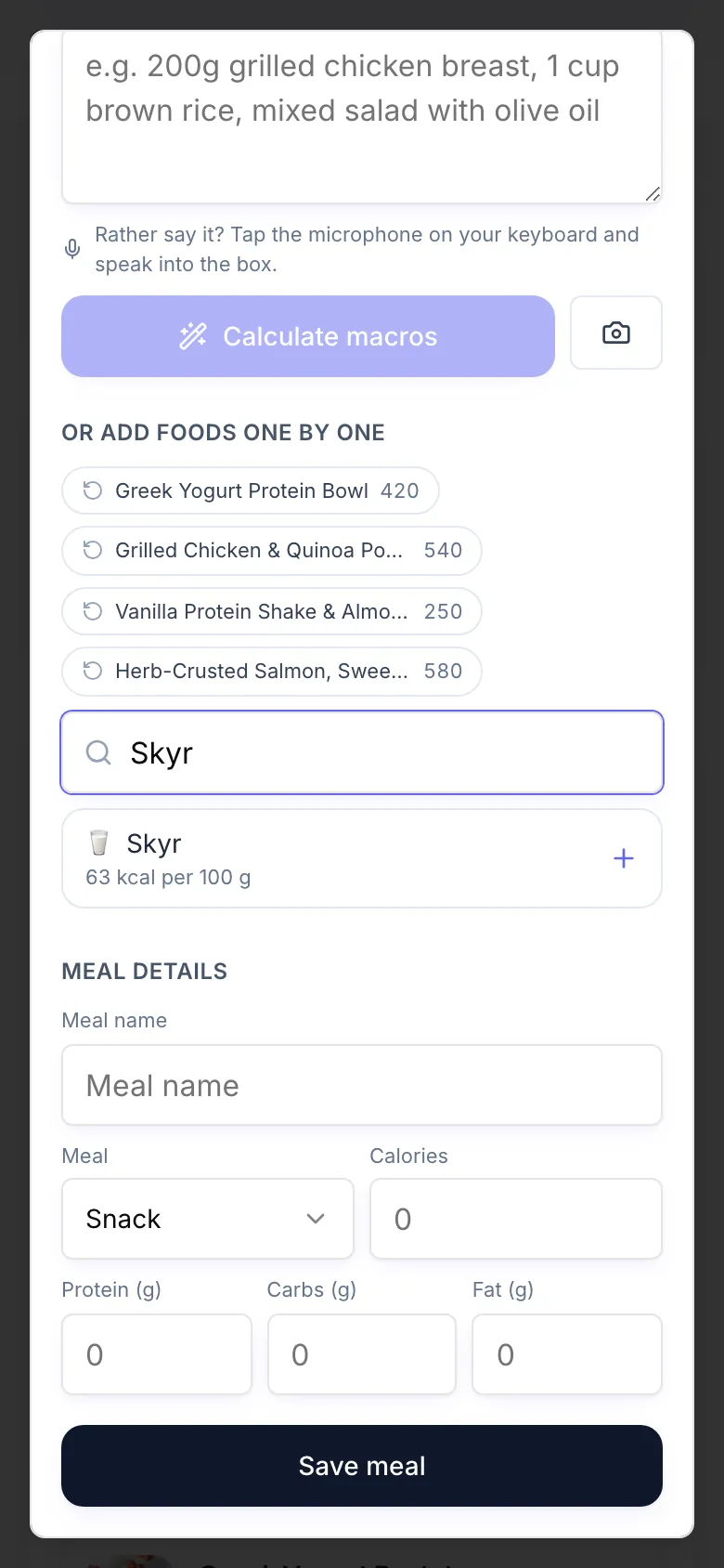 The food search under Or add foods one by one with Skyr typed in and a result showing its kcal per 100 g