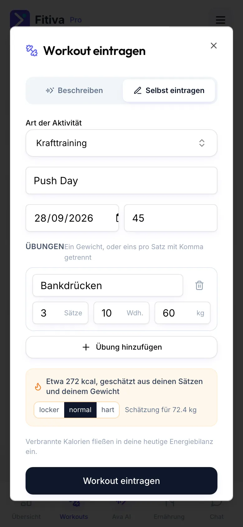 Workout eintragen im Tab Selbst eintragen mit Art der Aktivität, Name, Datum, Dauer, einer Übung mit Sätzen, Wiederholungen und Gewicht und der Kalorienschätzung