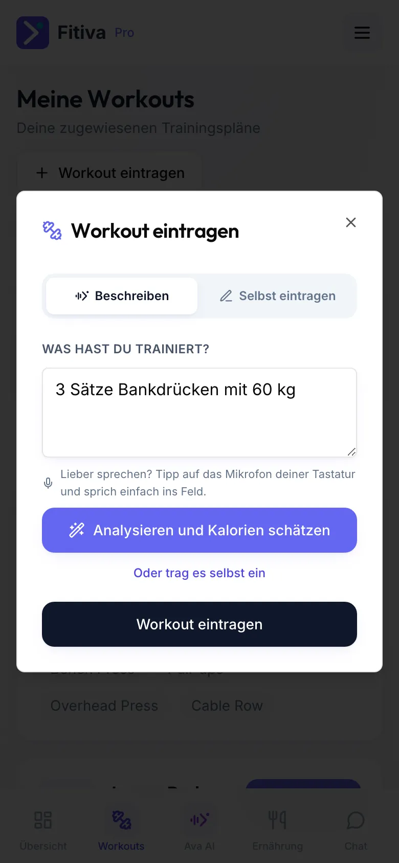 Der Tab Beschreiben mit einem Satz zum Workout und dem Button Analysieren und Kalorien schätzen