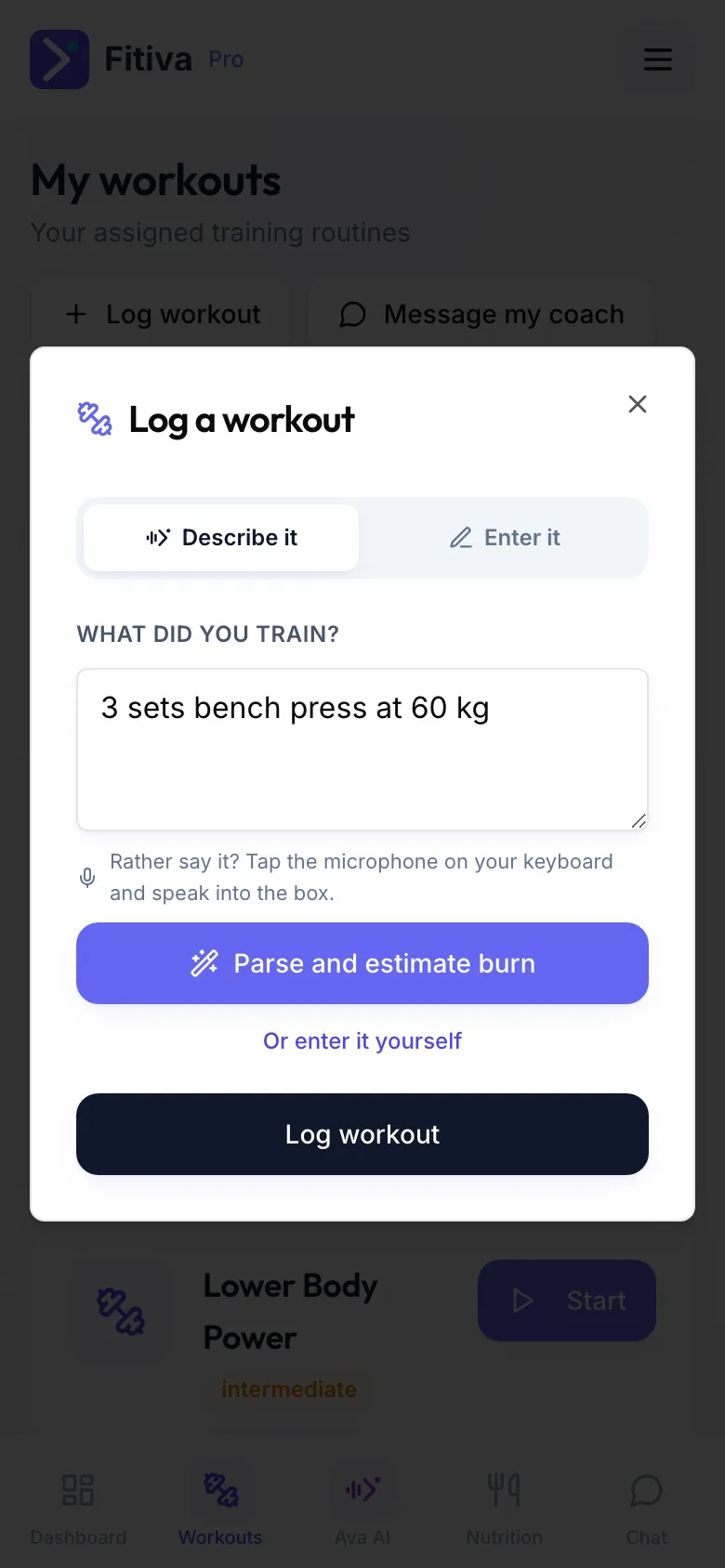 The Describe it tab with a sentence about the workout typed in and the Parse and estimate burn button