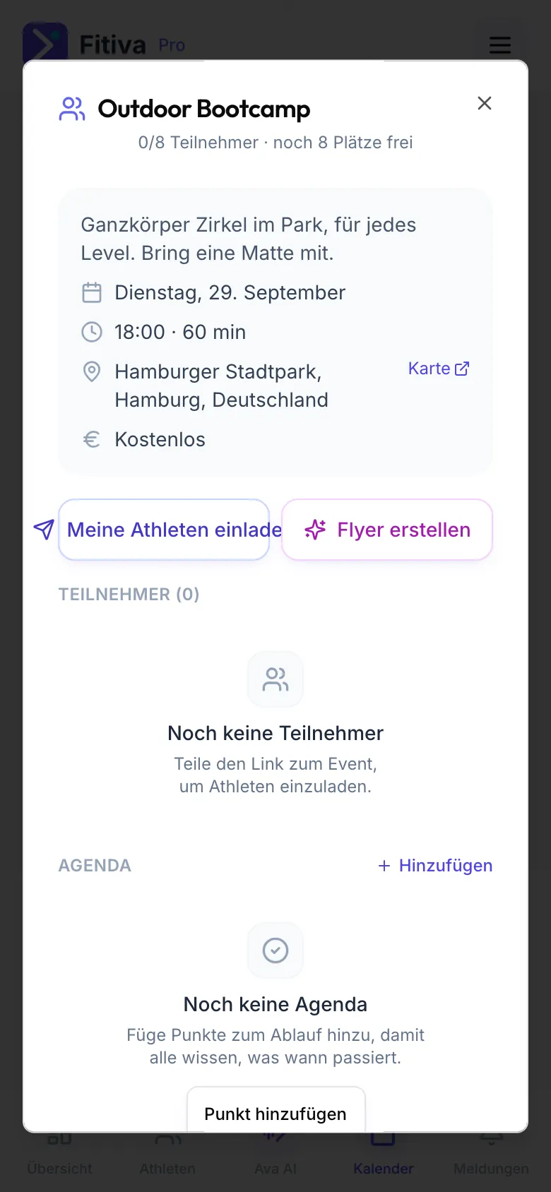 Details des Events Outdoor Bootcamp aus dem Kalender: 0/8 Teilnehmer, Datum, Uhrzeit, Ort mit Karte und Kostenlos, die Buttons Meine Athleten einladen und Flyer erstellen, darunter Teilnehmer und Agenda.