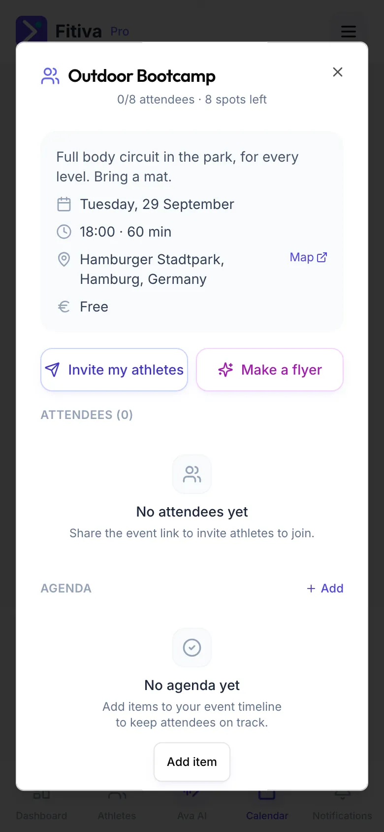 The details of the event Outdoor Bootcamp from the Calendar: 0/8 attendees, date, time, place with Map and Free, the buttons Invite my athletes and Make a flyer, then Attendees and Agenda.