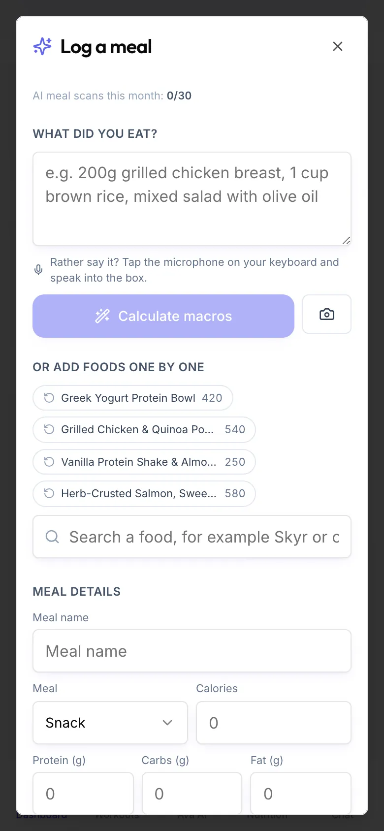 The top of the Log a meal dialog with the line AI meal scans this month