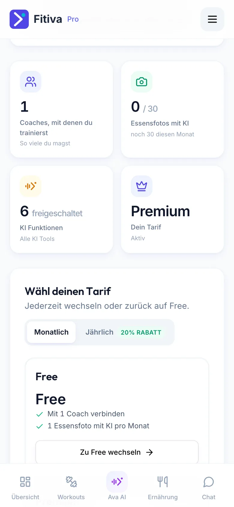 Tarifseite mit Premium: die Kachel Coaches, mit denen du trainierst, zeigt 1 und So viele du magst, darunter Wähl deinen Tarif mit Free: Mit 1 Coach verbinden.
