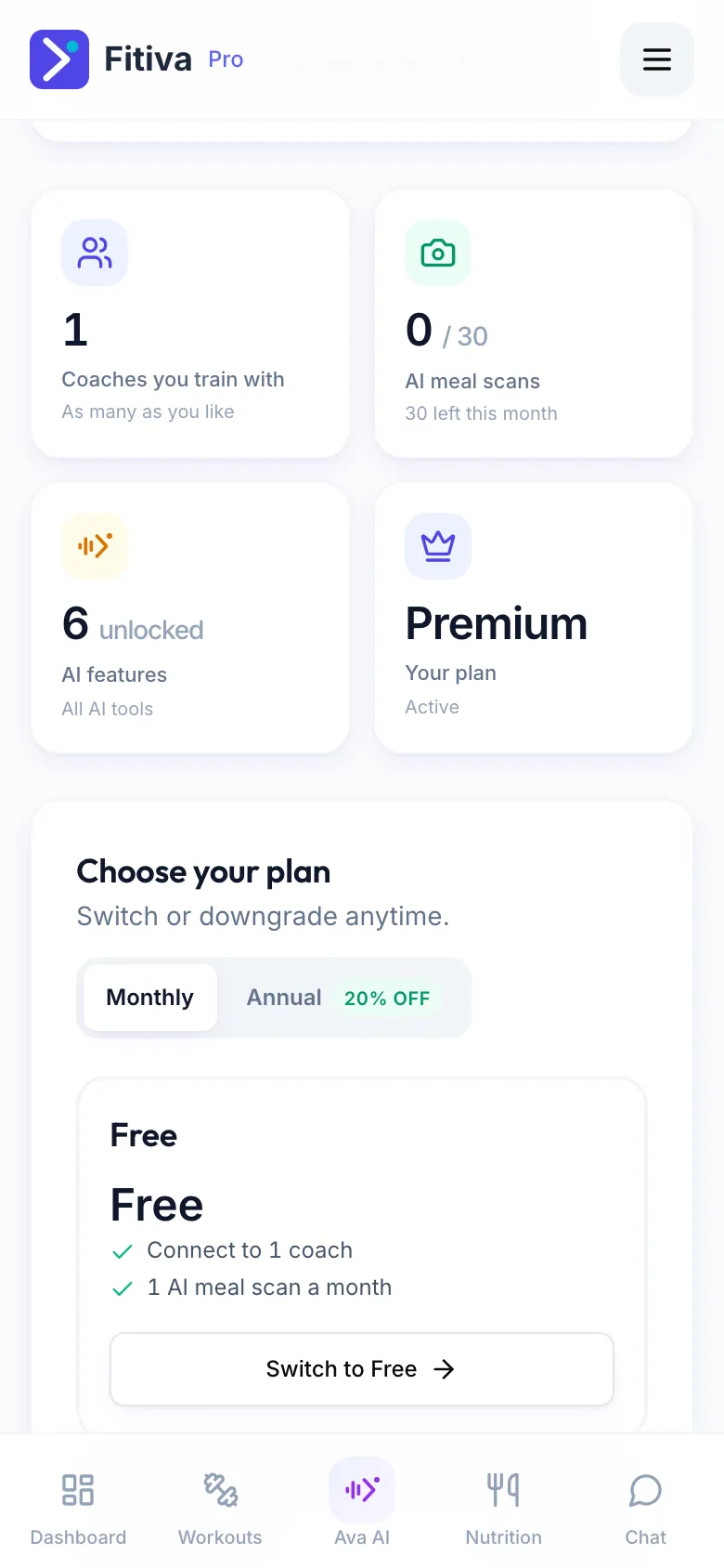 Plan page on Premium: the Coaches you train with tile shows 1 and As many as you like, below it Choose your plan with Free: Connect to 1 coach.