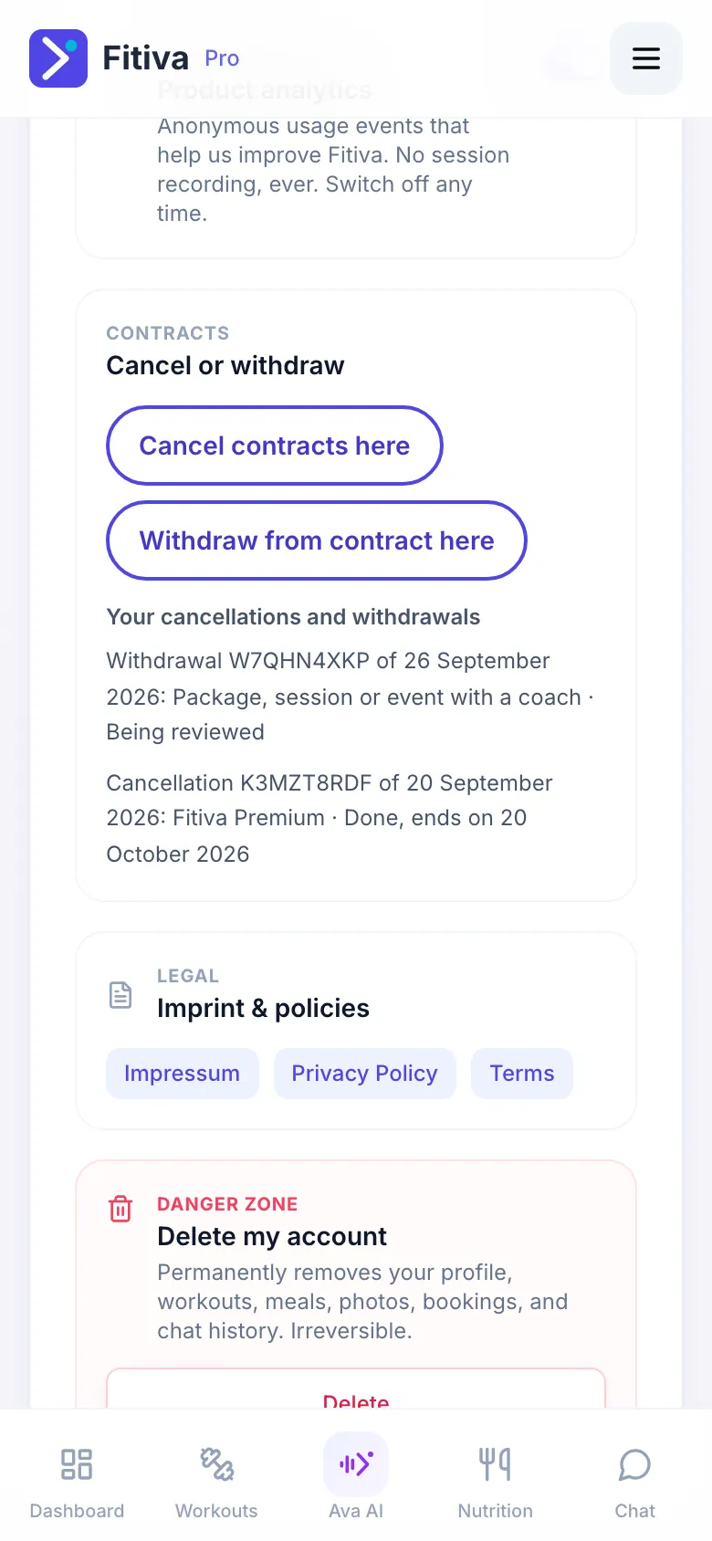 The Privacy & data card with Your cancellations and withdrawals: one withdrawal being reviewed and one cancellation done