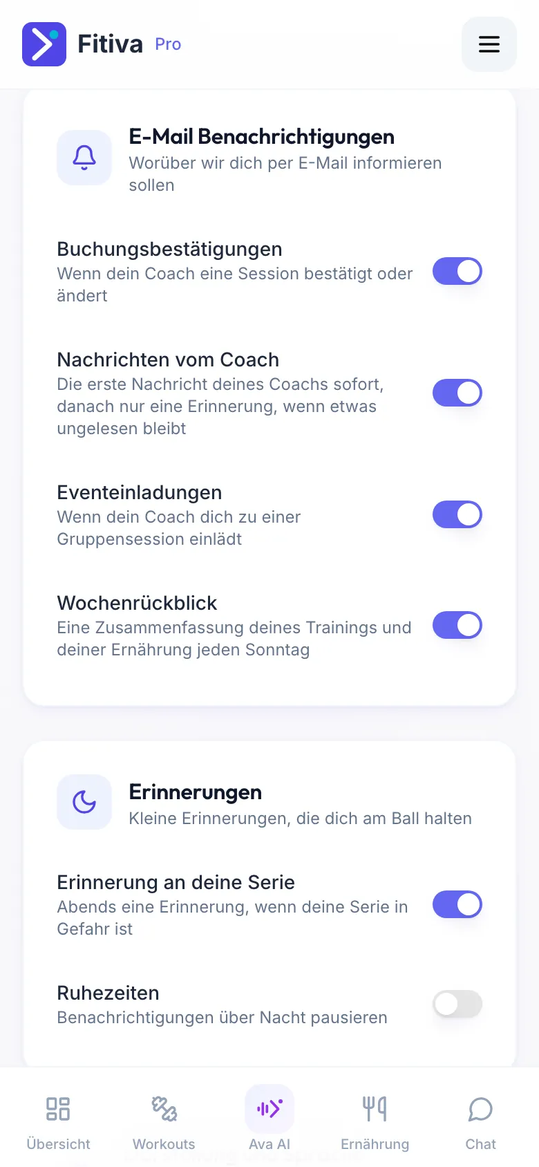 Einstellungen eines Athleten mit der Karte E-Mail Benachrichtigungen und der Karte Erinnerungen