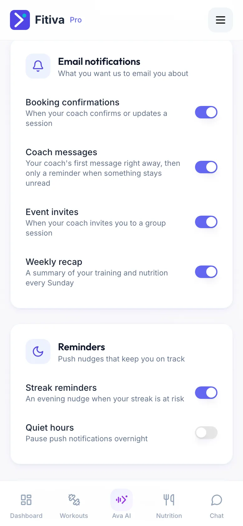 An athlete's Settings with the Email notifications card and the Reminders card