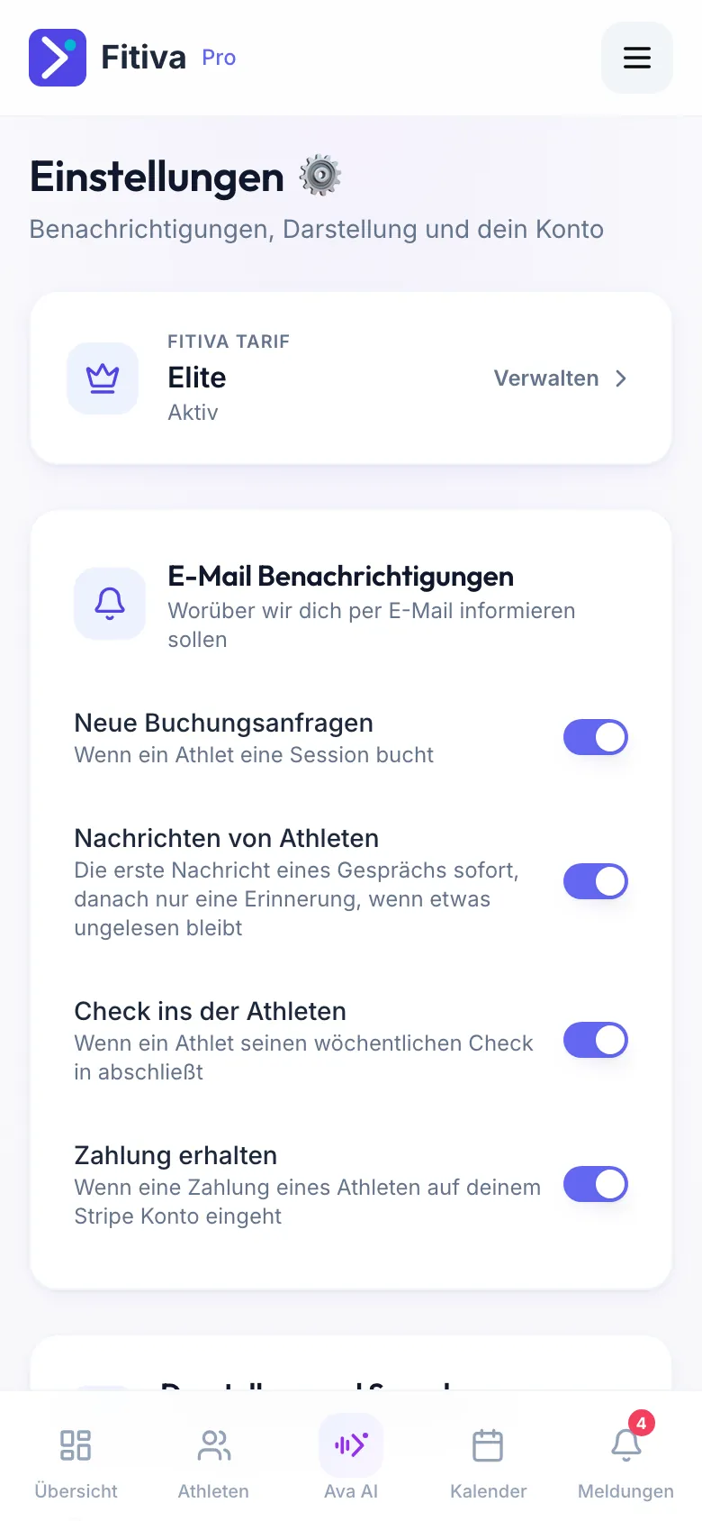 Einstellungen eines Coachs mit der Karte E-Mail Benachrichtigungen: Neue Buchungsanfragen, Nachrichten von Athleten, Check ins der Athleten und Zahlung erhalten